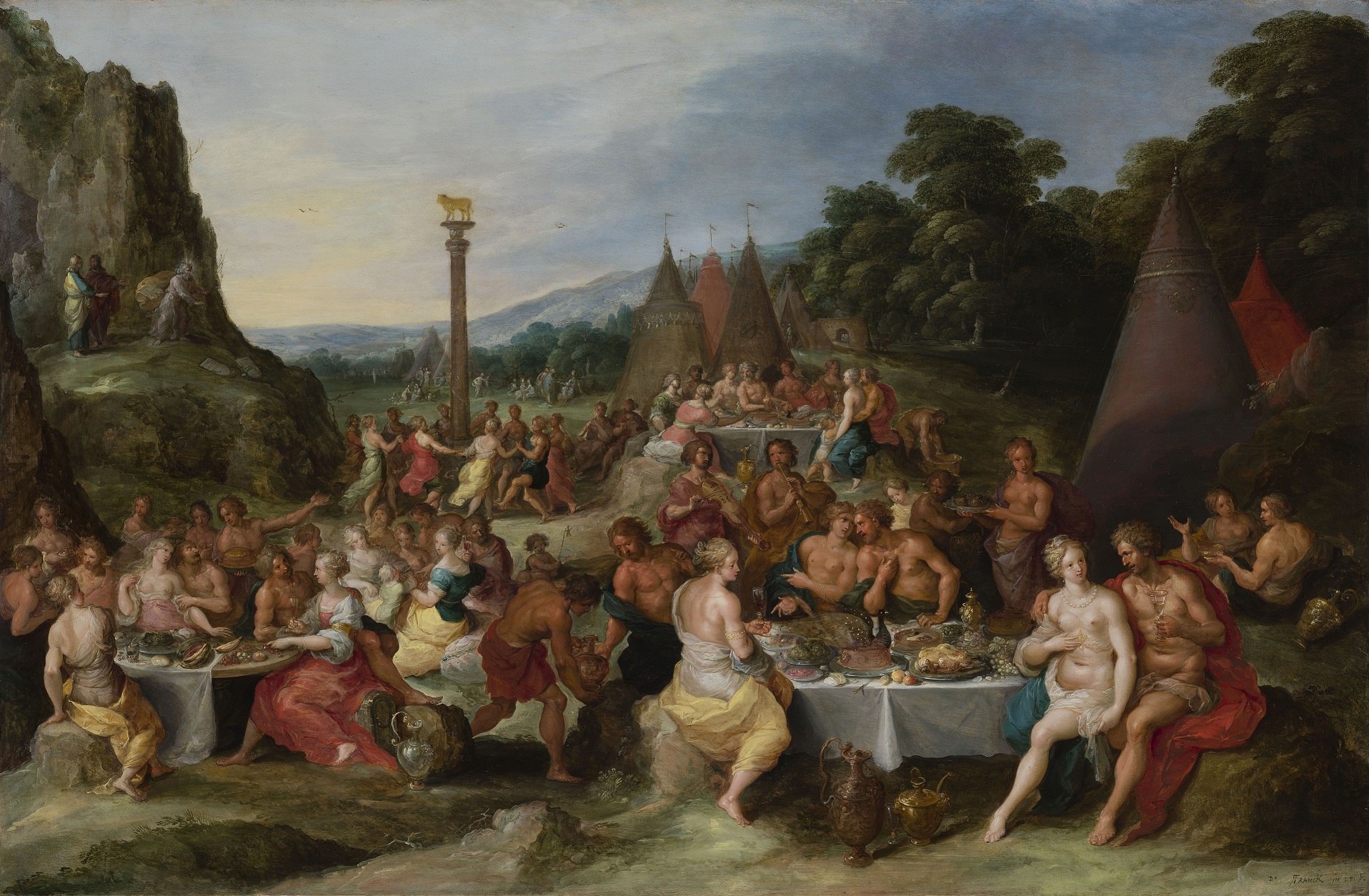Worship of the Golden Calf by Frans Francken the Younger c.1630-35, oil on panel. The theme of abundance is central to this painting and others which inspired the exhibition’s historical recreation of a Baroque feasting table.