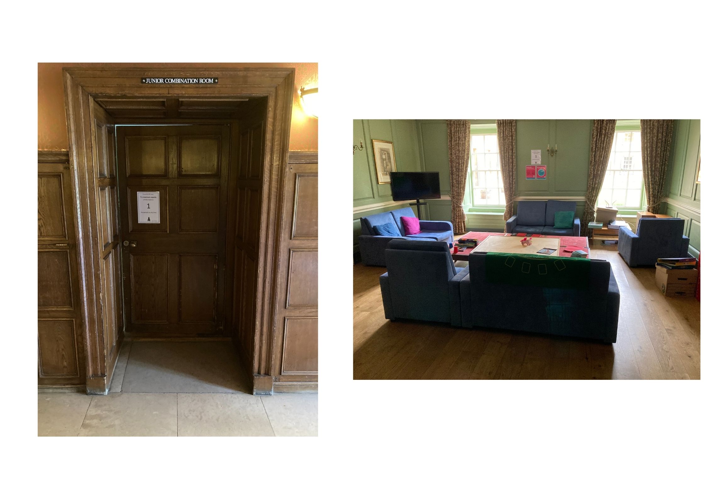 Two photos: one showing the door to the Green Room and one the room itself