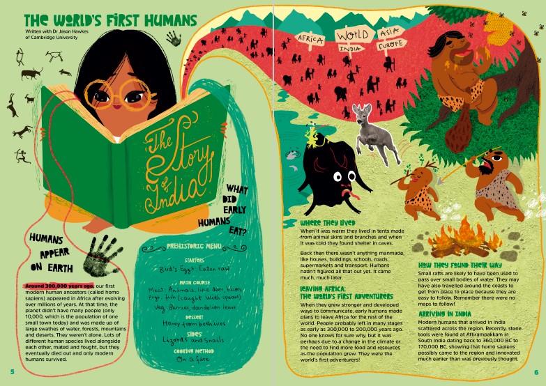 A two-page spread from the first issue of 'Koolfi Club' showing vibrant illustrations and informative text about the world's first humans.