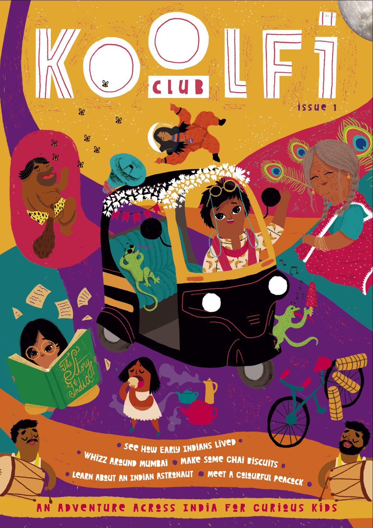 The cover of 'Koolfi Club' magazine, with vibrant illustrations of Indian culture and history.