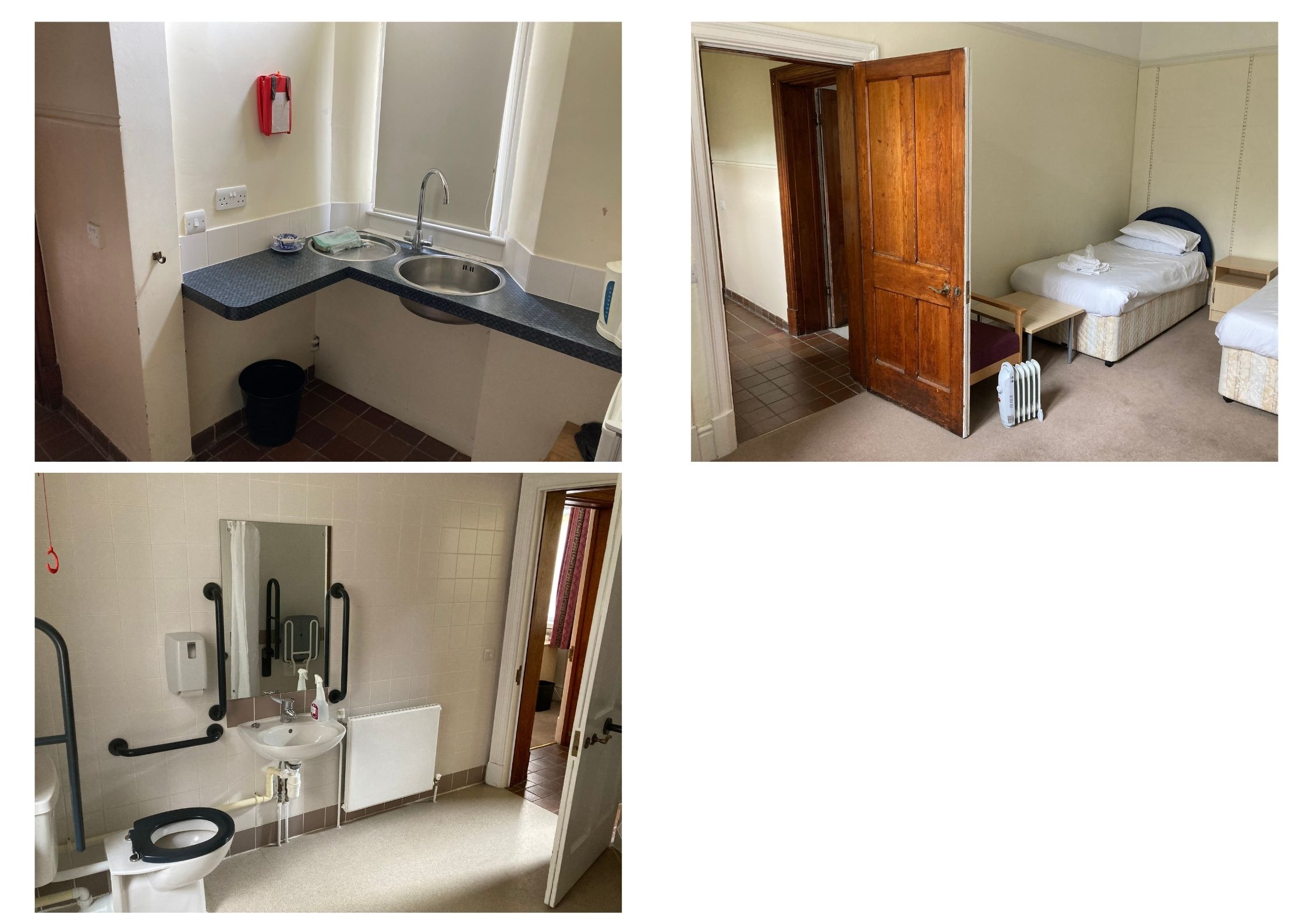A montage of the accessible room in Old Courts showing the kitchen, bathroom and bedroom