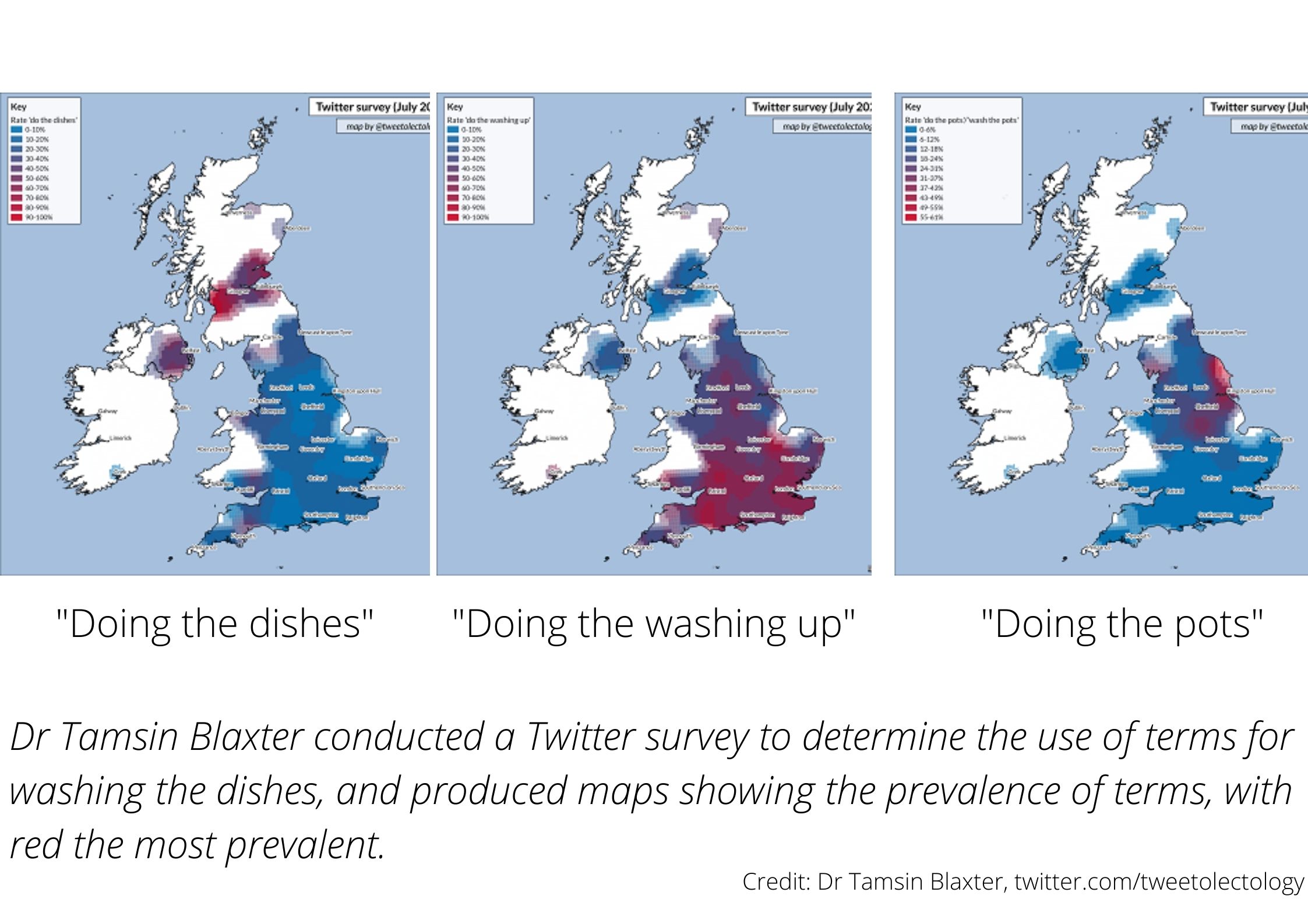 Maps of the UK showing language used for washing dishes