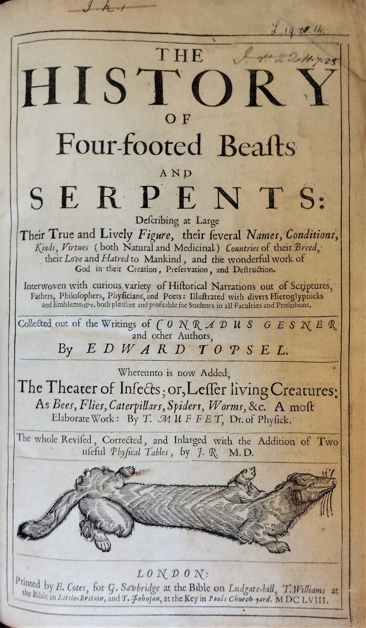 Title page of the book "The History of Four-footed Beasts and Serpents" by Edward Topsell (1658). Text within double ruled border, woodcut of a weasel crawling at the bottom.