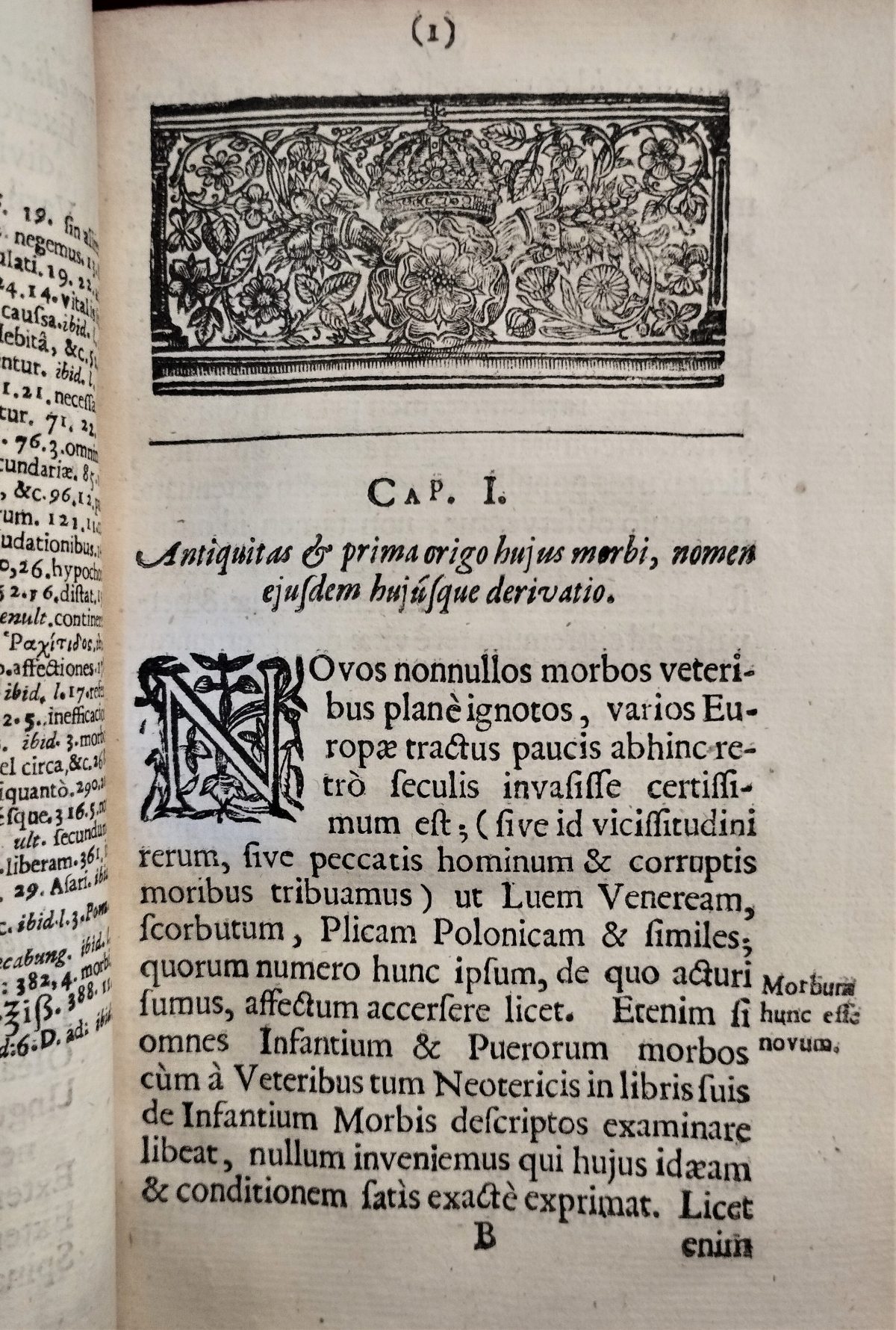 First page of the first chapter of the book. Decorated initial, letter N and floreal head-piece woodcut. 