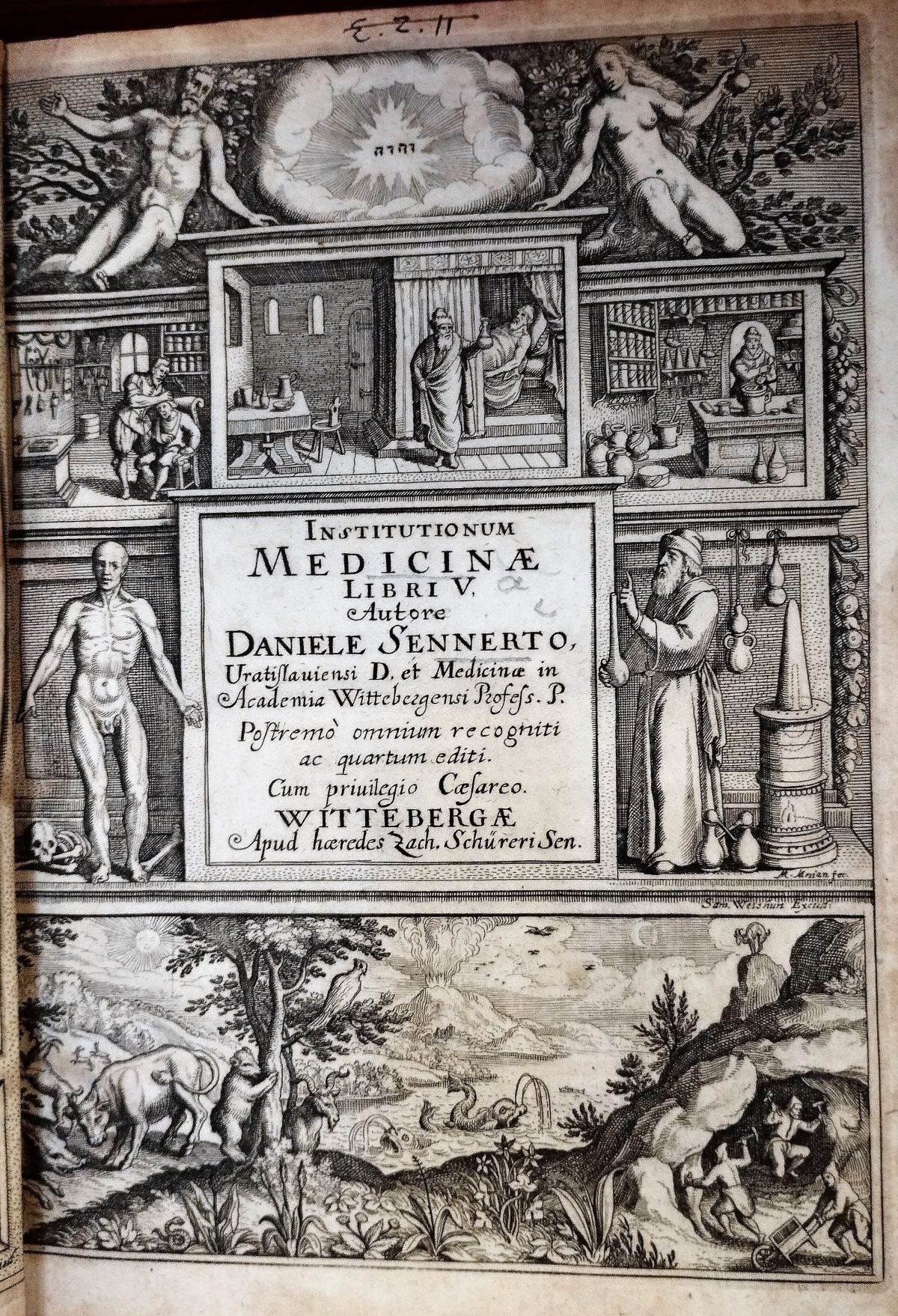 Added engraved title page with several scenes related to health and remedies. Doctors helping patients, a pharmacist preparing remedies, farmer working in the countryside.  