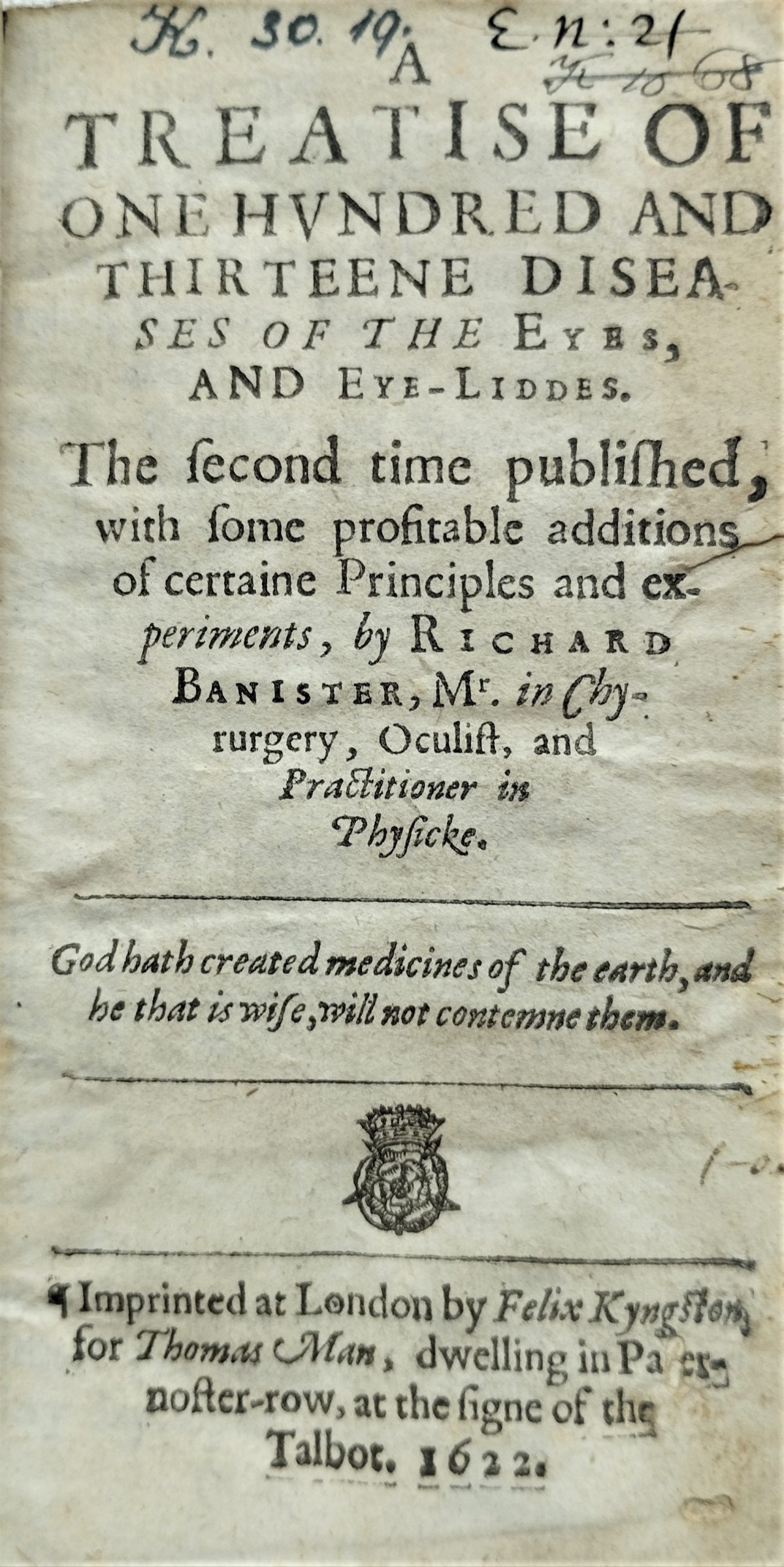 Title page of the book "Treatise of one hundred and thirteen diseases of the eyes" by Richard Banister (1622).