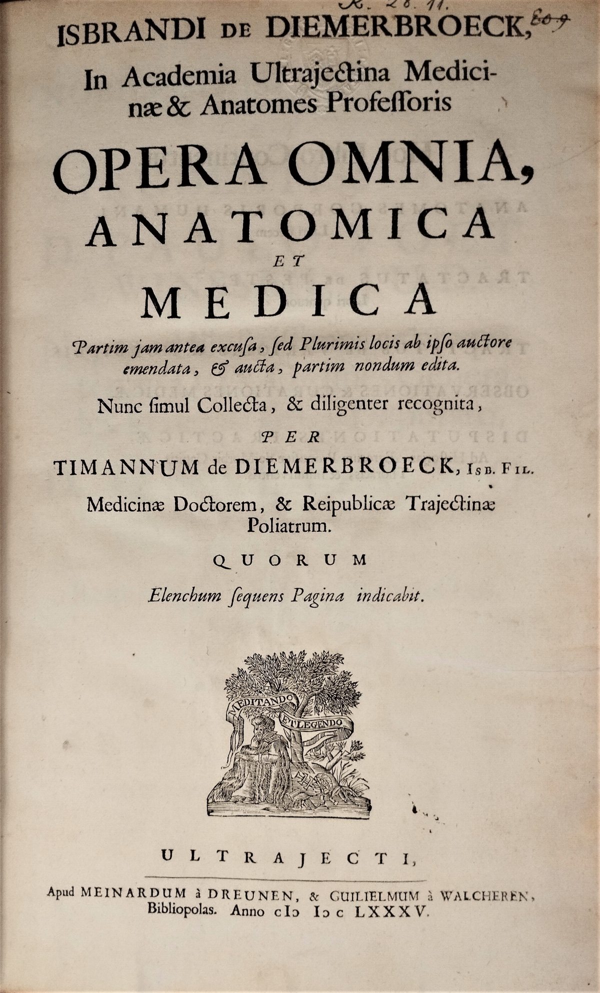 Title page of the book "Opera omnia anatomica et medica" by Ysbrand van Diemerbroeck. 