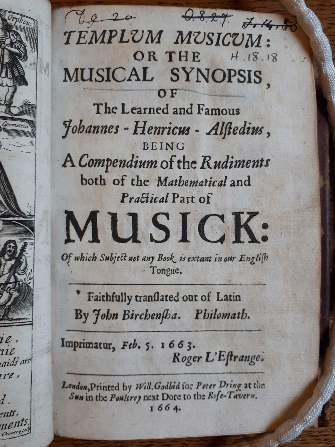 Typeset title page, reading, 'Templum music: or the musical synopsis, of the learned and famous Johannes-Henricus-Alstedius, being a compendium of the rudiments both of the mathematical and practical part of musick, of which subject not any book is extant in our English tongue. Faithfully translated out of Latin by John Birchensha. Philomath.'