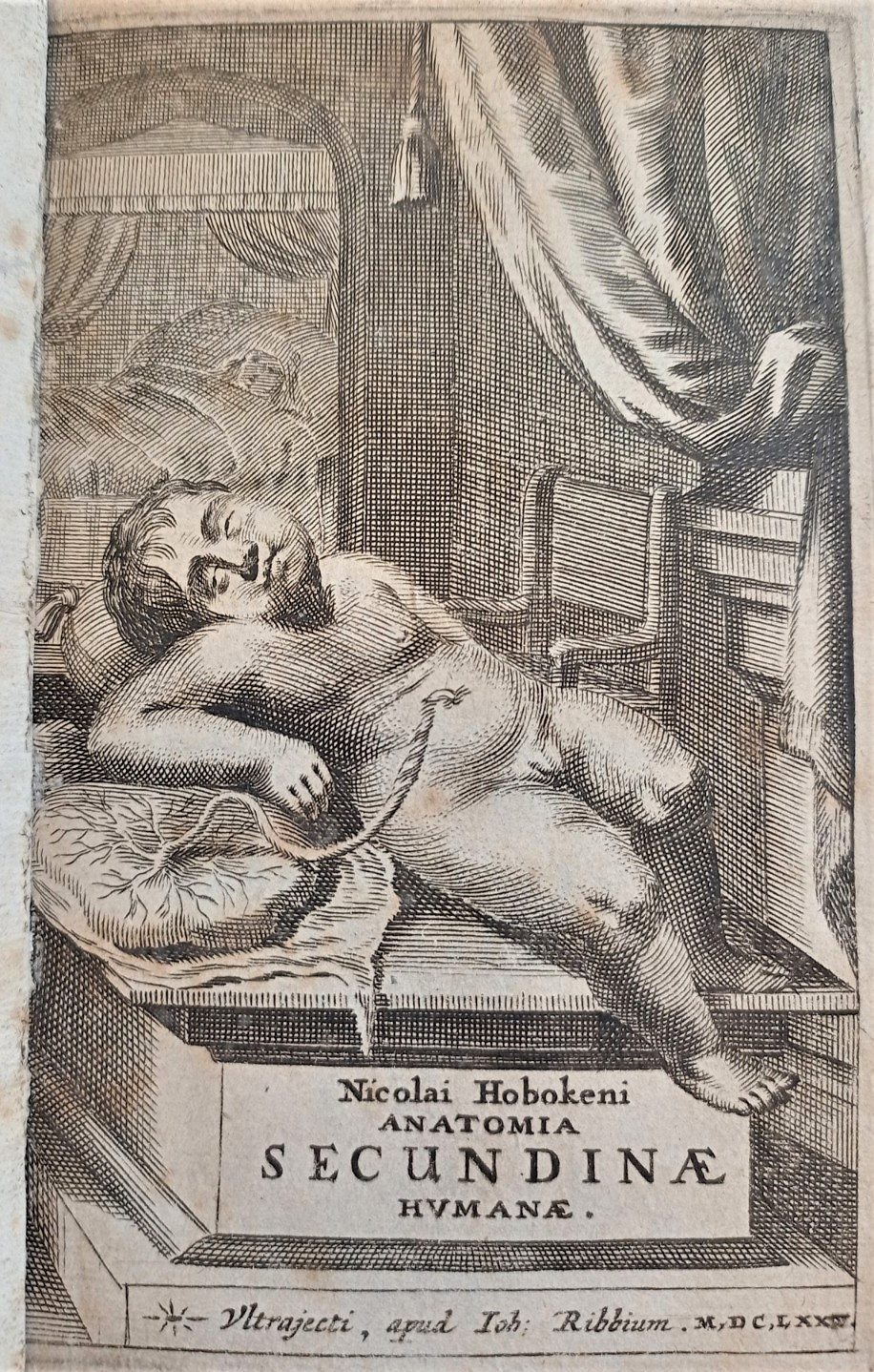 Illustrated title page shows a baby lying on a table, with umbilical chord and placenta still attached. In the background, the mother can be seen asleep in a four poster bed.