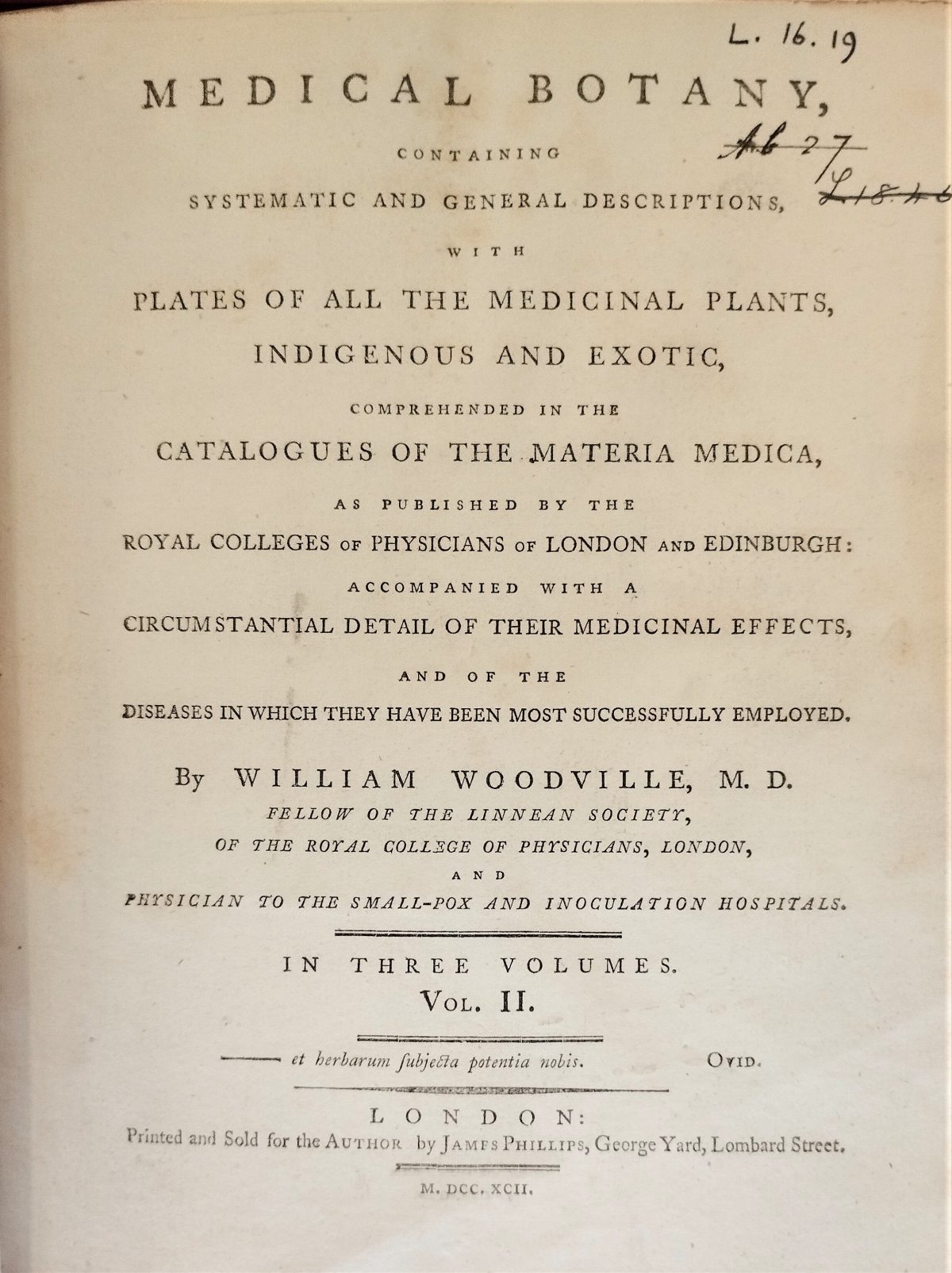 Title page of the book "Medical botany" by William Woodville (170-1793).