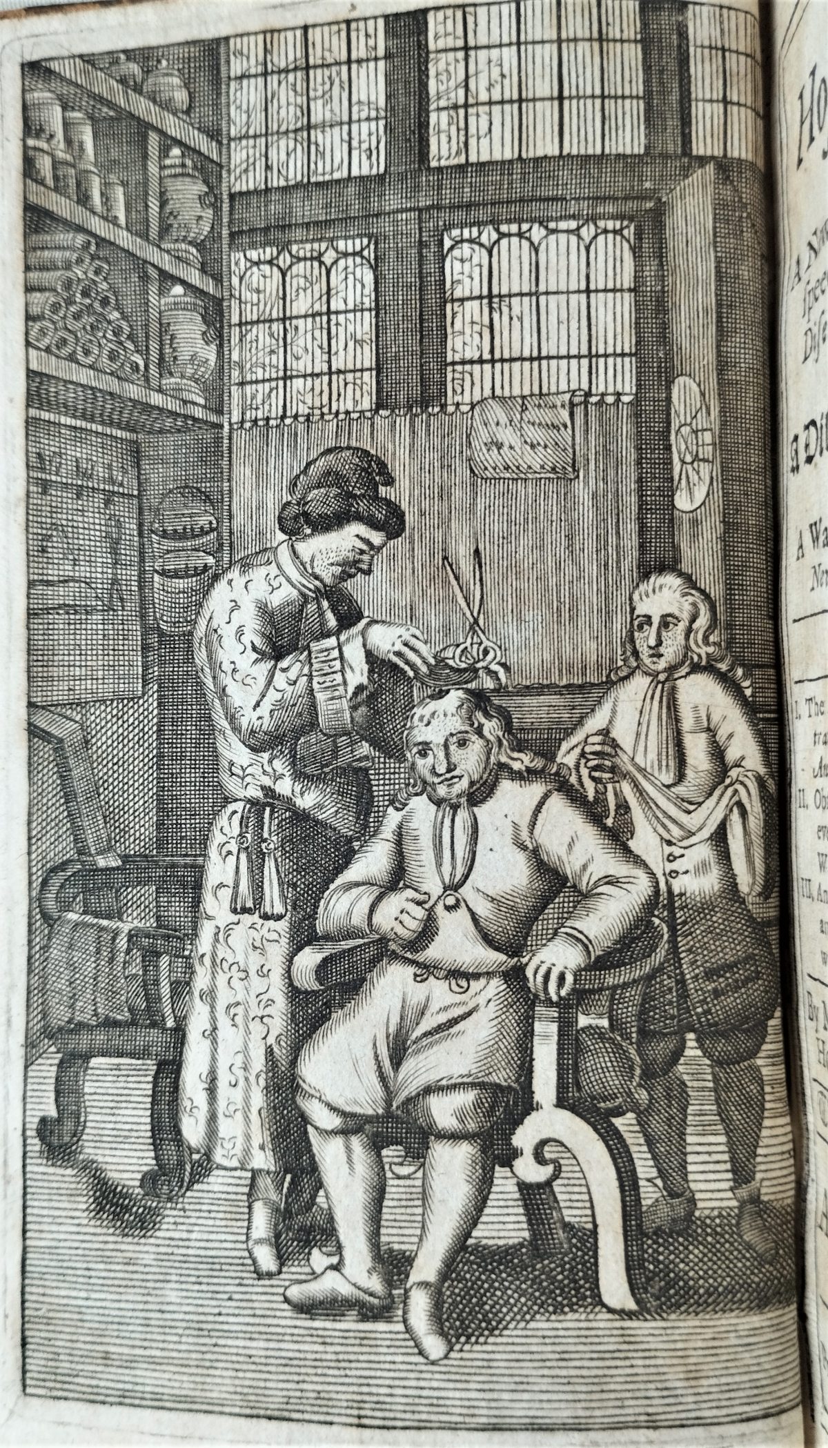 Black and white illustration. Two men attend to a patient seated on a chair whose head has been trepanned. The doctor is about to cover the hole, he holds scissors in one hand and a lead sheet in the other.