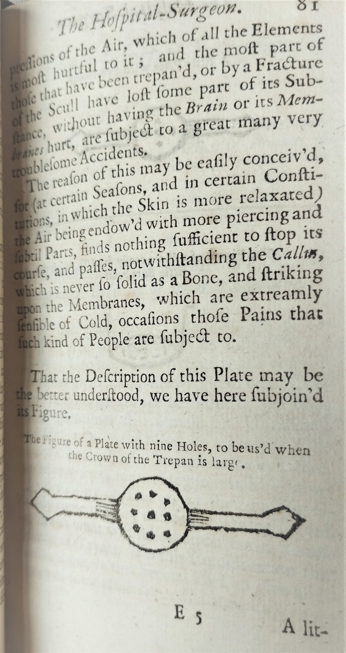 Page of the book, consisting mainly of typeset text, beneath which is a figure showing the lead plate to be used after trepanning.