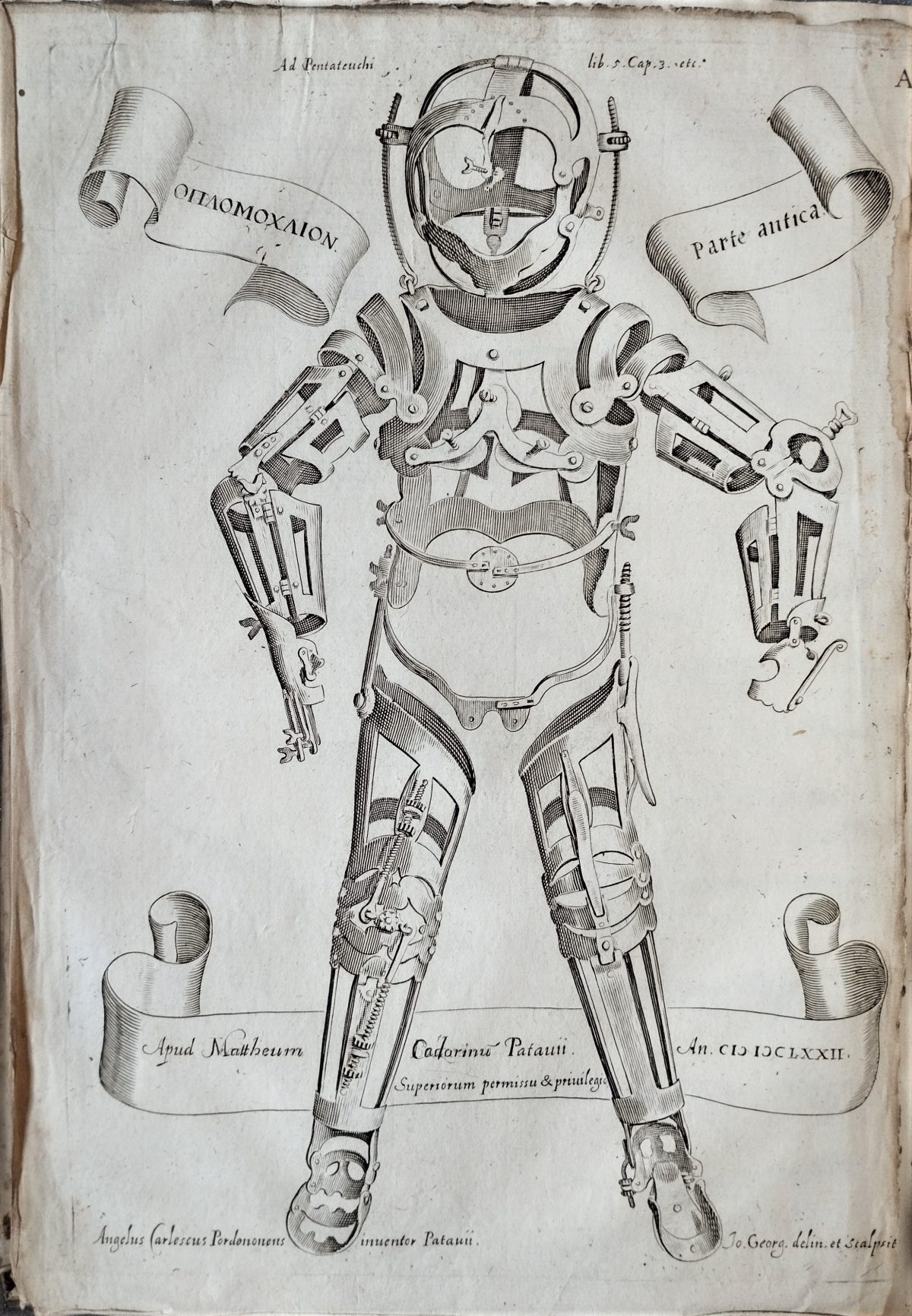 Engraved illustration of a complete suit of jointed metal orthopaedic braces, viewed from the front.