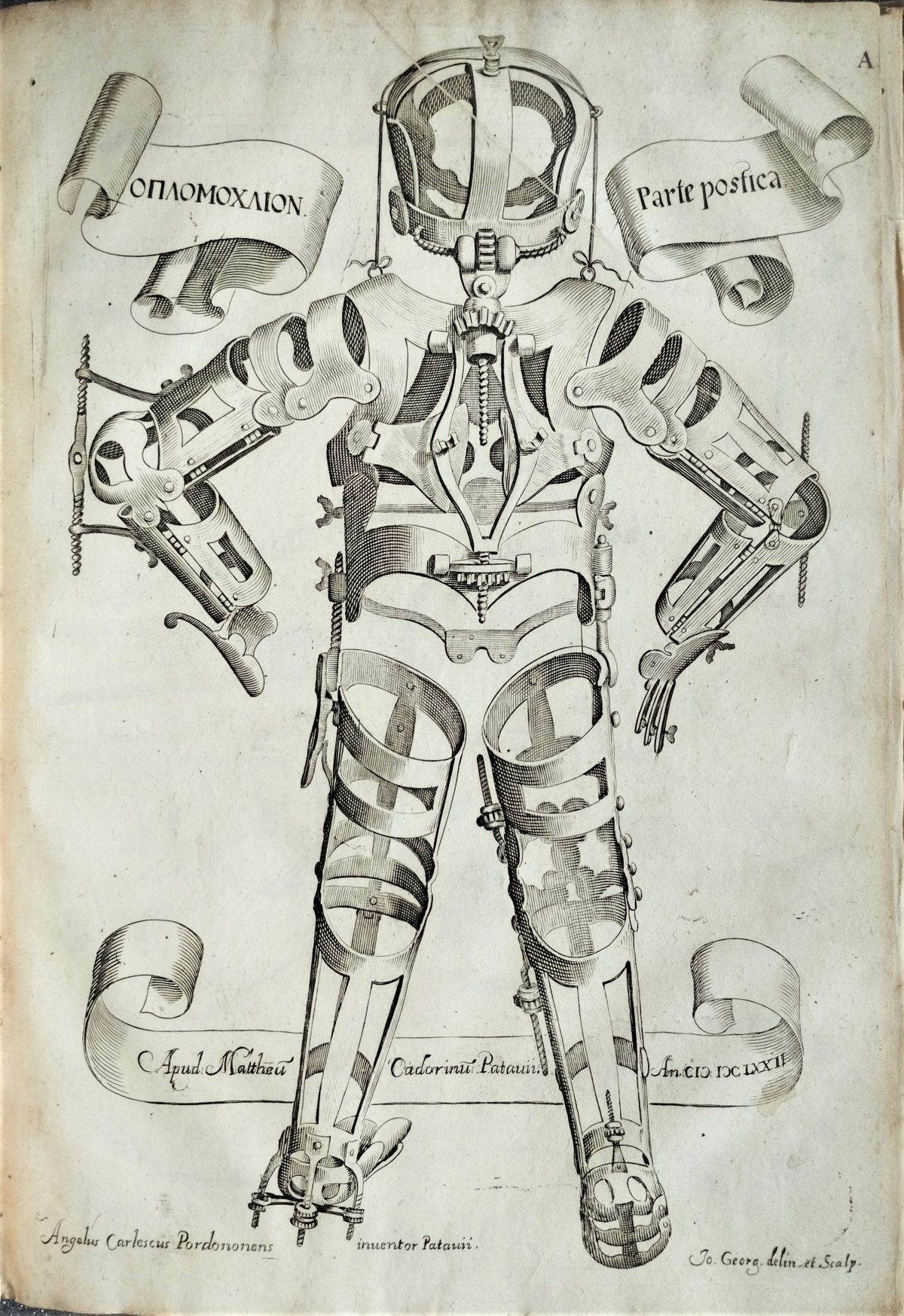 Engraved illustration of a complete suit of jointed metal orthopaedic braces, viewed from the back.