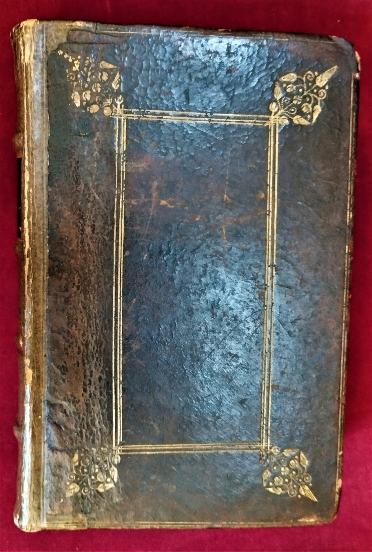 Picture of the external binding of the volume that contains Caius works. Full calf, border (double gold fillets), frame (triple gold fillets with ornaments at angles).