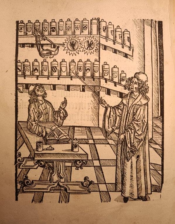 A page from an early printed book, with an illustration showing two people in a room with two shelves containing lots of bottles