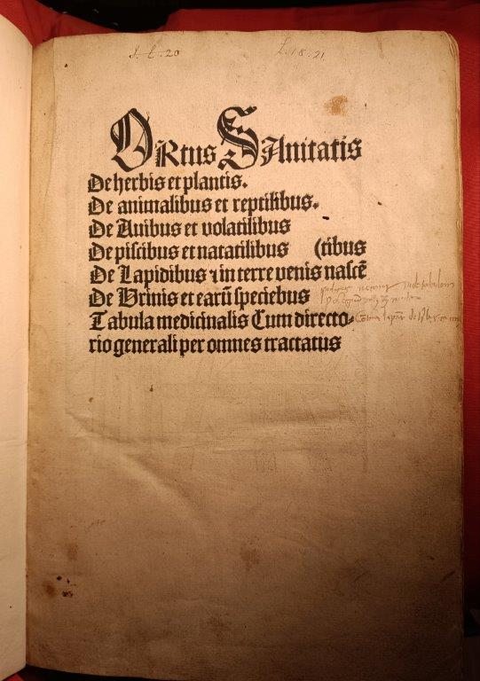 A page from an early printed book, with a typed contents list.