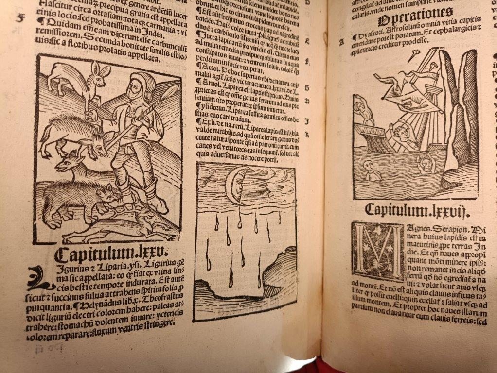 A page from an early printed book, with illustrations showing a hunting scene, a rainstorm and a shipwreck.