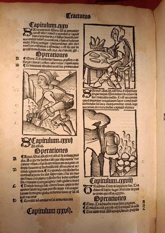 A page from an early printed book, with illustrations showing the process of mining and forging metals.