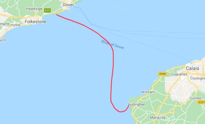 A map of the English Channel showing the track of the Cambridge University relay swim