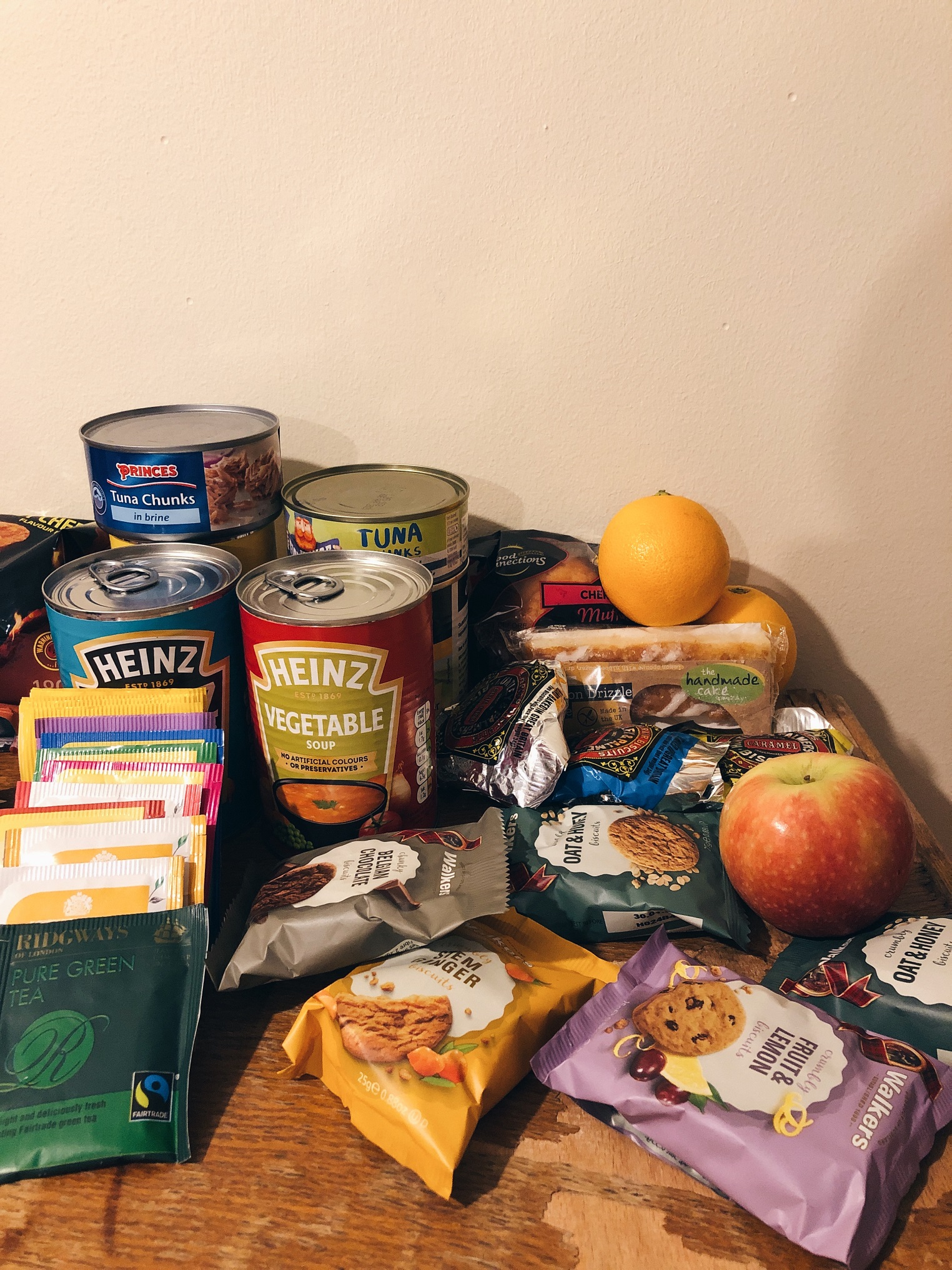 A selection of tins and packet food from the Covid-19 isolation pack