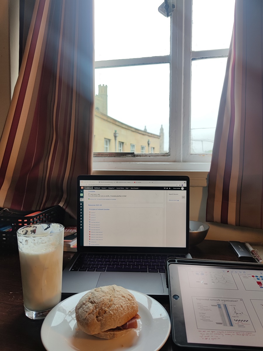 A glass of milk, a laptop screen and a bread roll on a plate on a table under a window with striped curtains