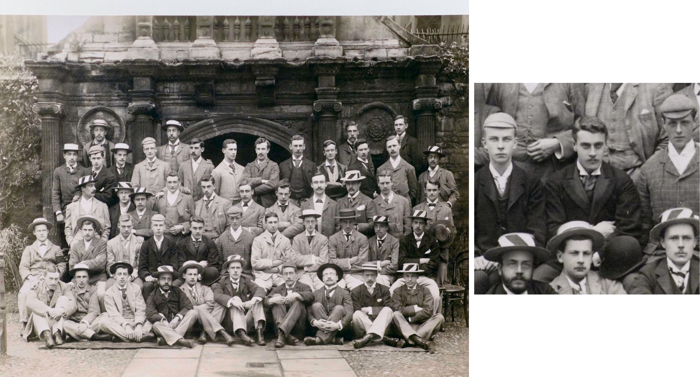 Five rows of men seated in front of the Gate of Honour, and a close up of one of the men