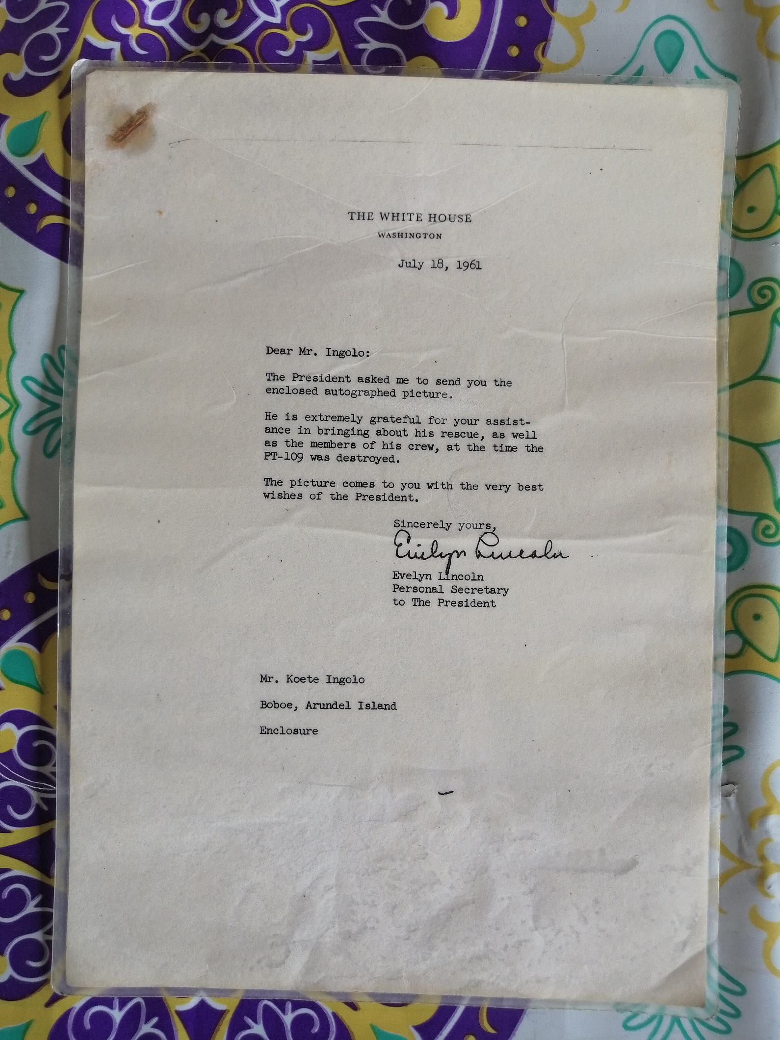 A letter from President John F. Kennedy to locals on Kolombangara