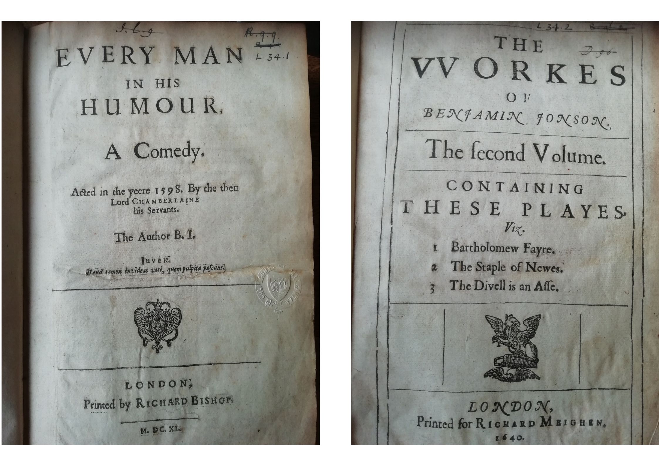 Every Man in his Humour and The Workes title pages
