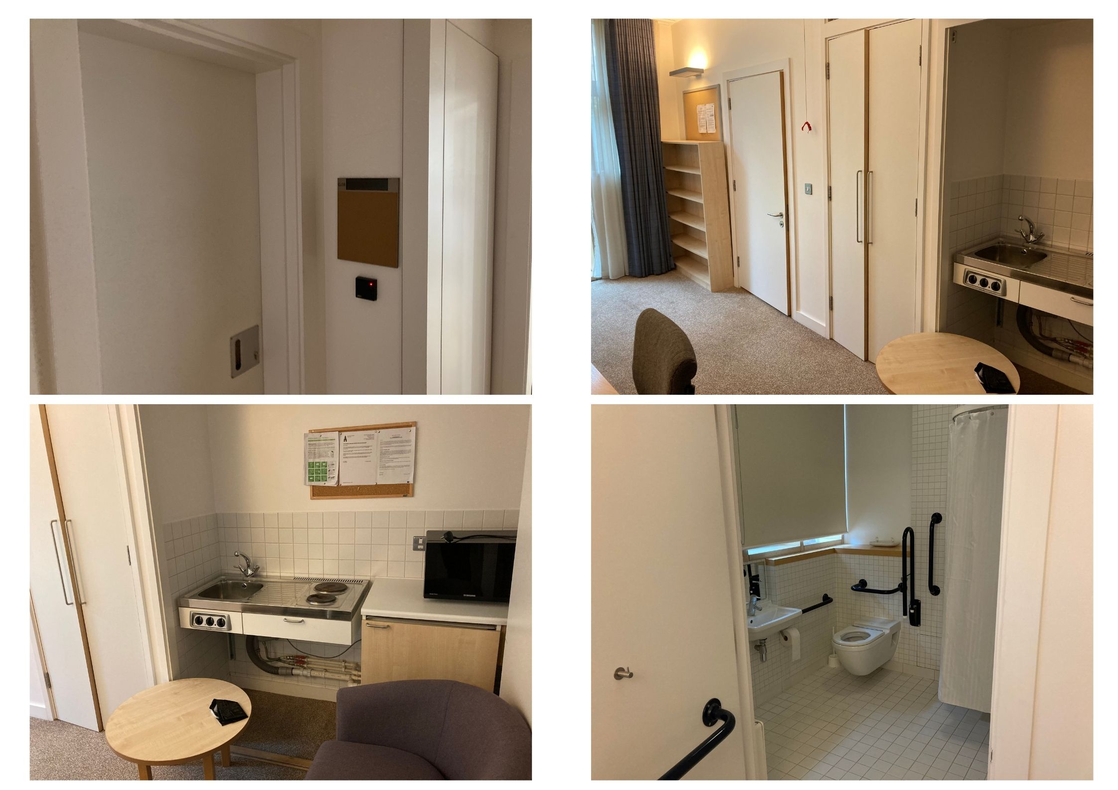 A montage of the accessible room in the Stephen Hawking Building showing the entrance, living space and bathroom