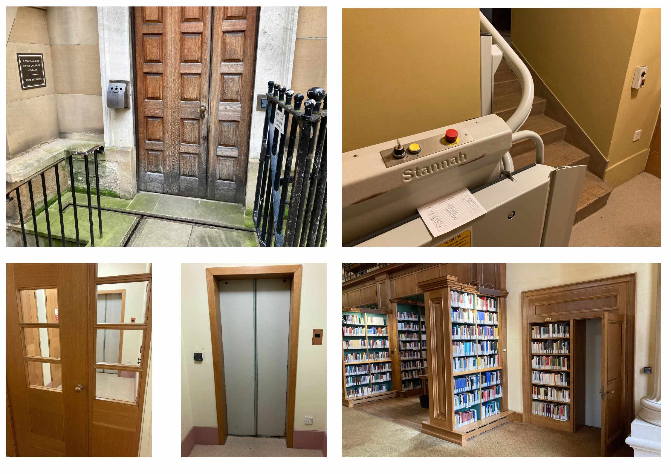 A montage of access to the Caius Library, featuring doors, elevator doors and levels