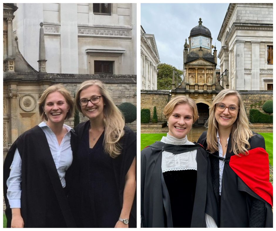 A collage of two photos showing two women wearing academic gowns