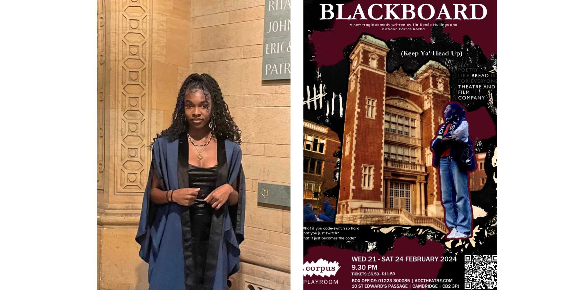 A collage of a woman in a blue academic gown and an advert for a play called Blackboard
