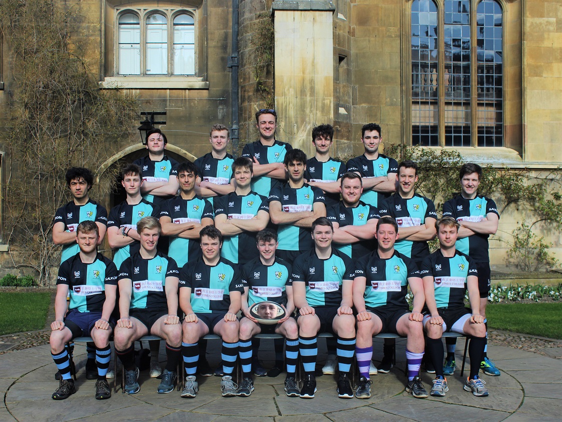 Caius men's rugby team photo (3 tiers), taken in Caius Court 