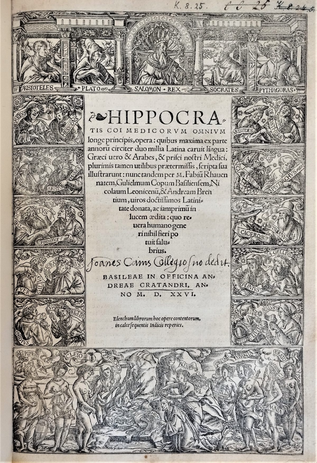 Woodcut title page of the book "Hippocratis Coi medicorum omnium longe principis, opera" (1526) with a handwritten inscription that records donation by John Caius. 