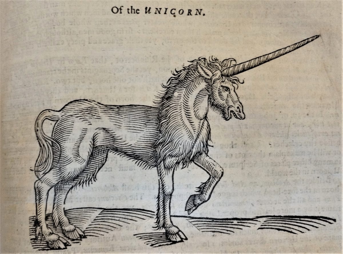 Woodcut of a unicorn, standing with a foreleg raised.