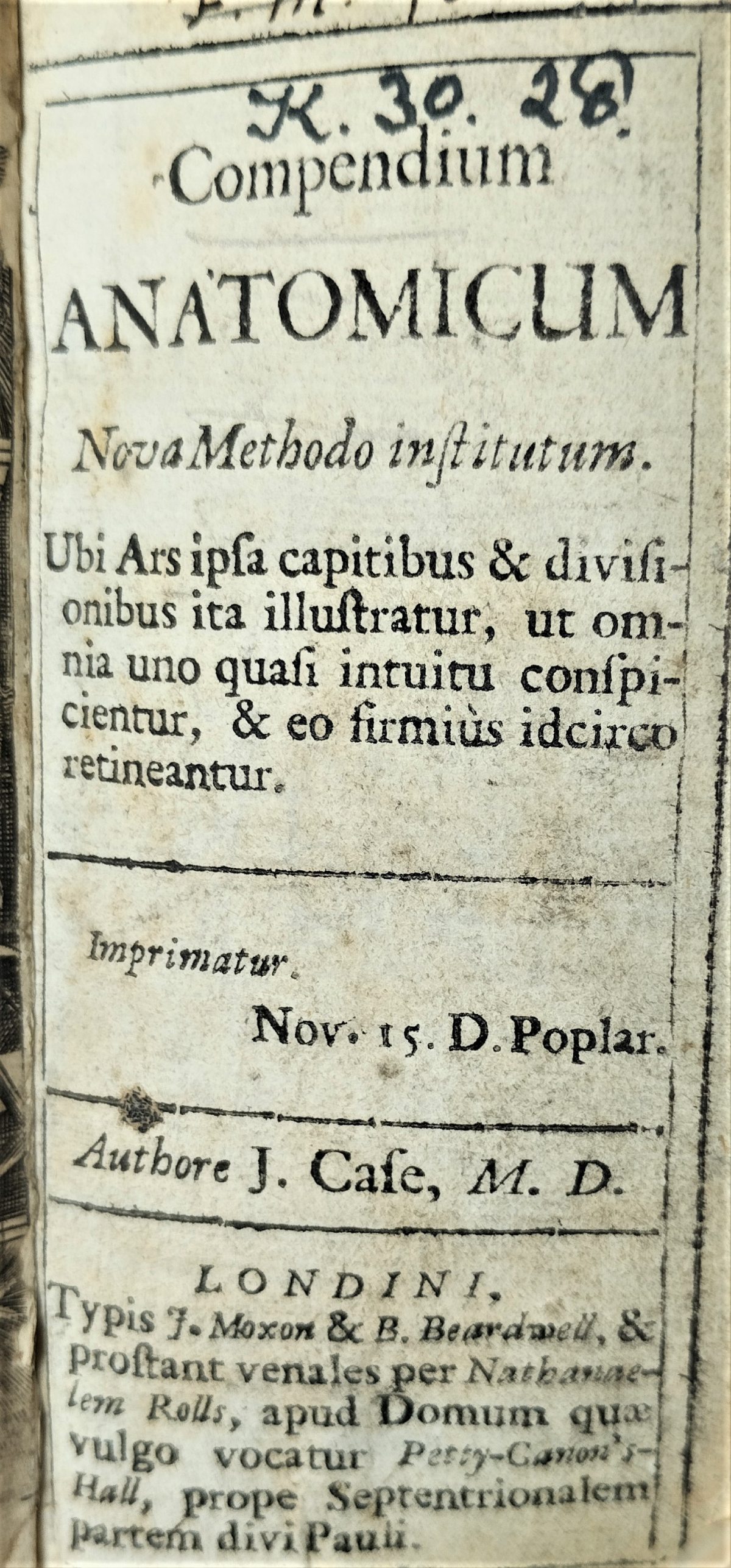Title page of the book "Compendium anatomicum" by John Case (1695). 