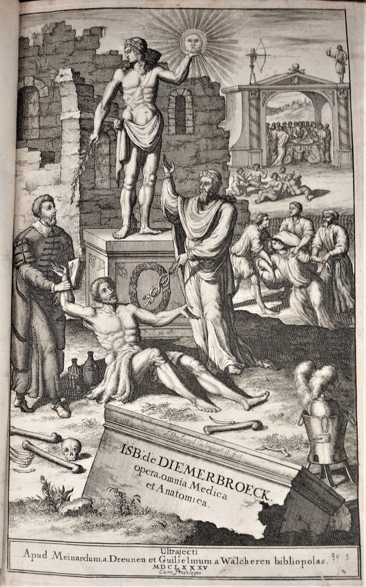 Engraved title page with various human figures and tools related to medicine. 