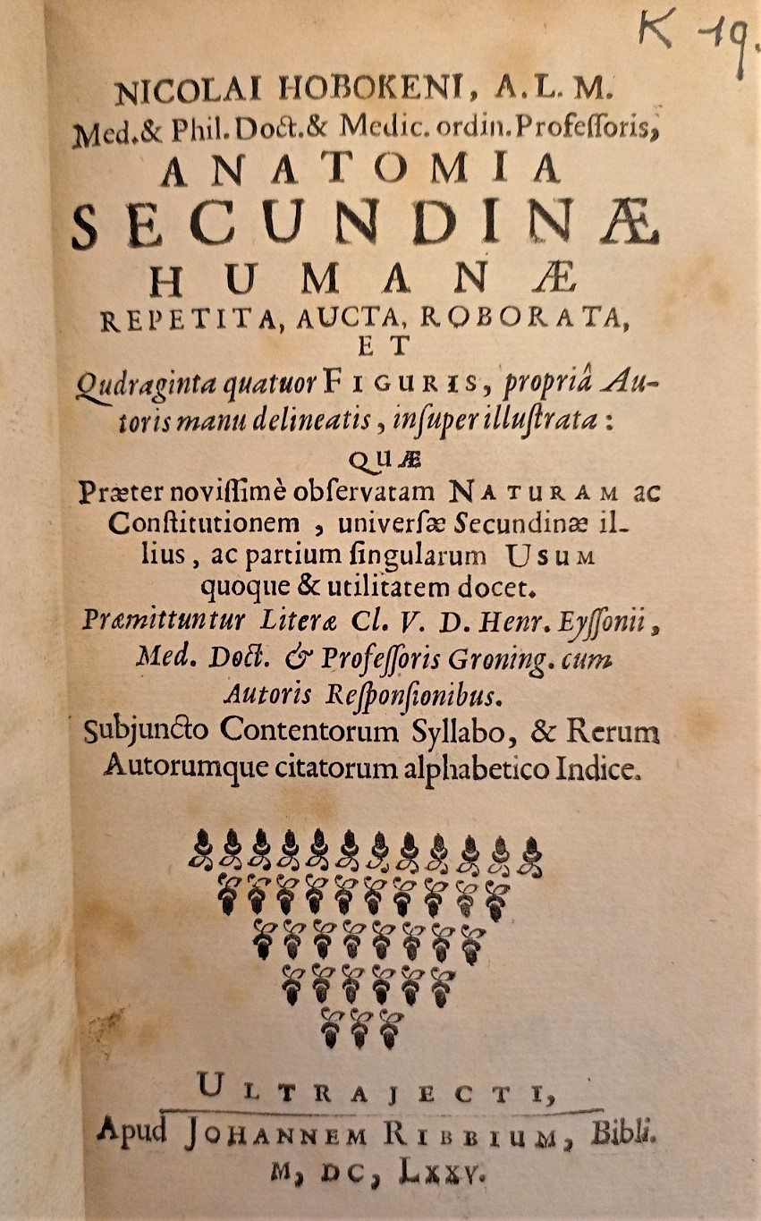 Title page showing the full title of Hoboken's 'Anatomia Secundinae Humanae in Latin. 
