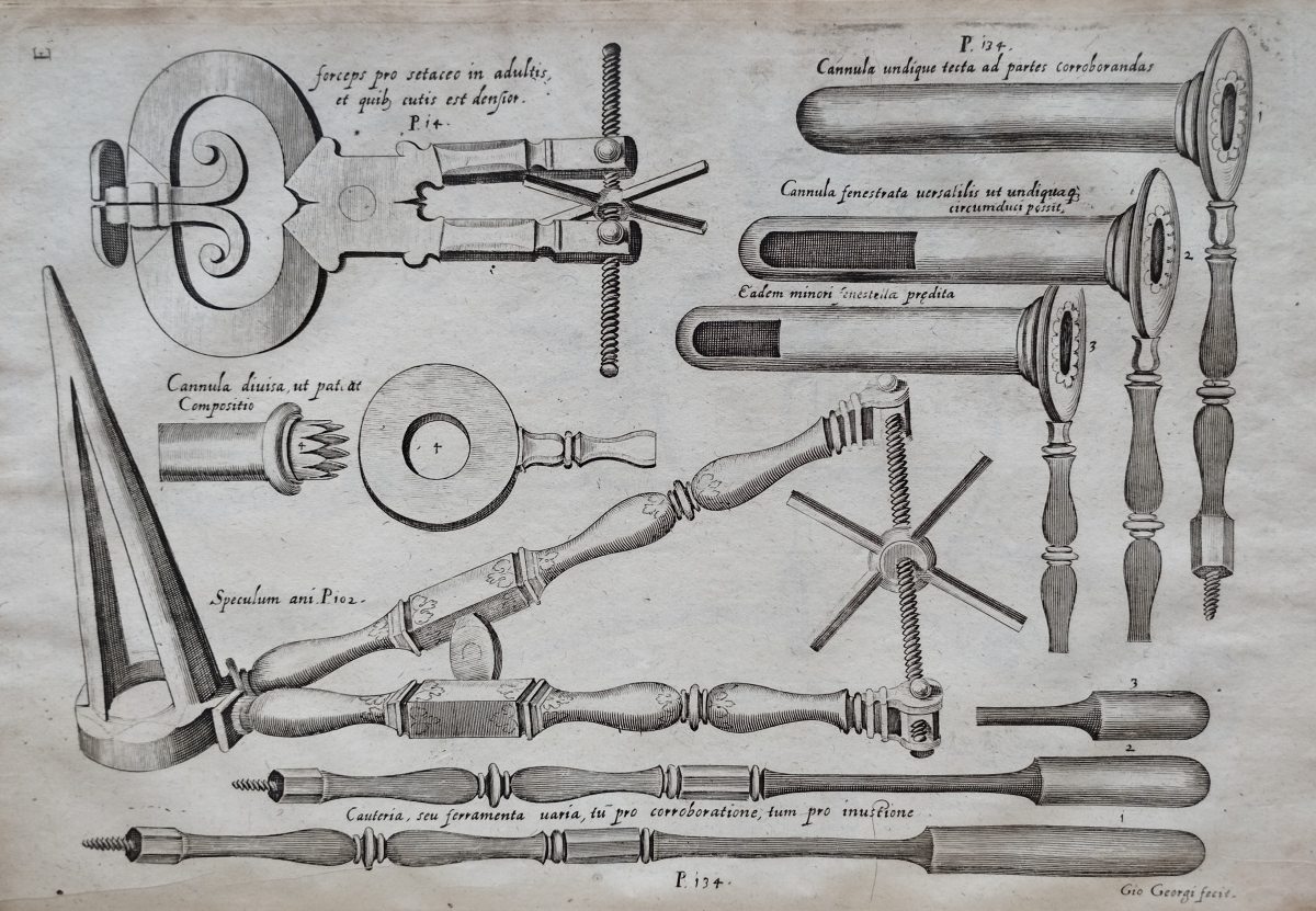 Engravings of various surgical tools and objects related to the cure of the human body. 