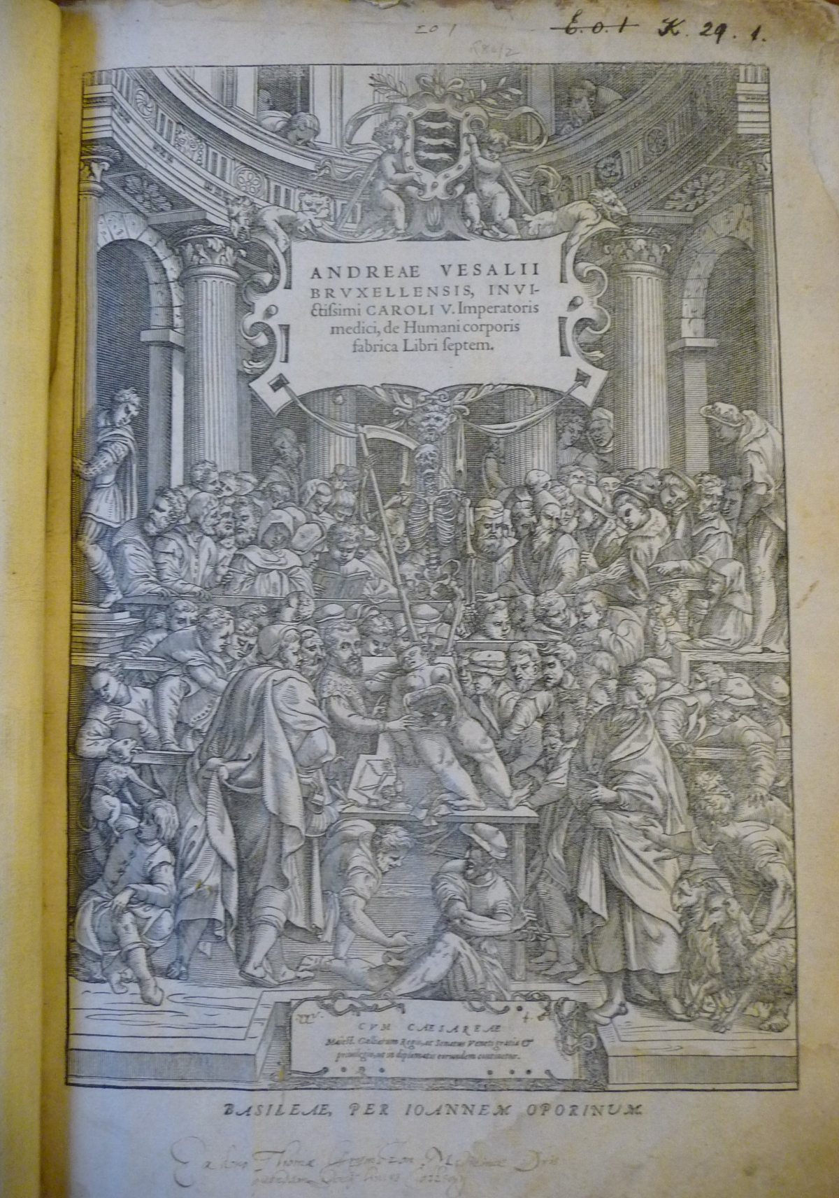 Title page from 'De humani corporis fabrica' (The fabric of the human body) by Andreas Vesalius.